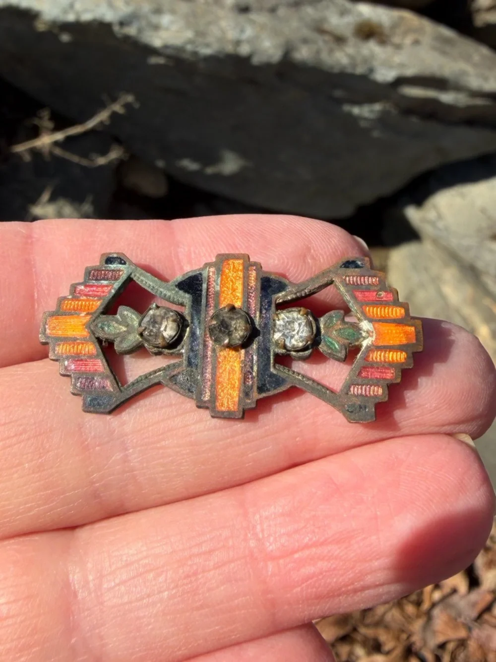 Vintage Art Deco Orange Enamel Rhinestone Fan Brooch - Picture 3 of 9